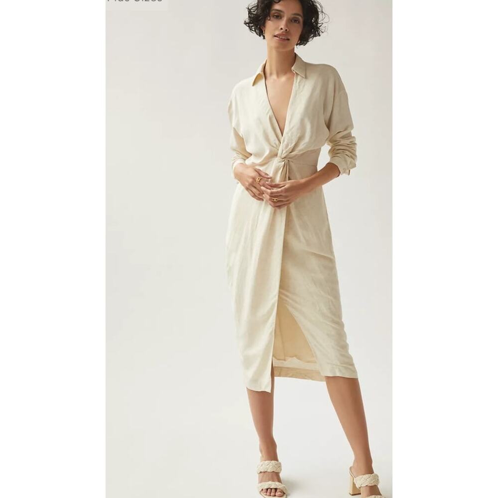 Anthropologie V Neck Knot Front Midi Dress Womens 10 Beige Minimalist FLAW